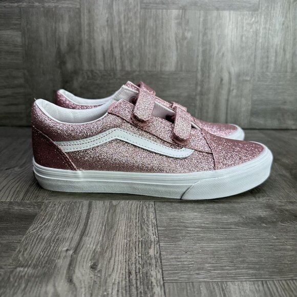 Vans Old Skool V Youth size 5.5/Women 7 Rose Gold Pink Glitter Skate Shoes - Picture 1 of 8